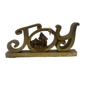 Christmas Holiday Mantel Decor Antique Gold “Joy” Nativity Holy Family S…